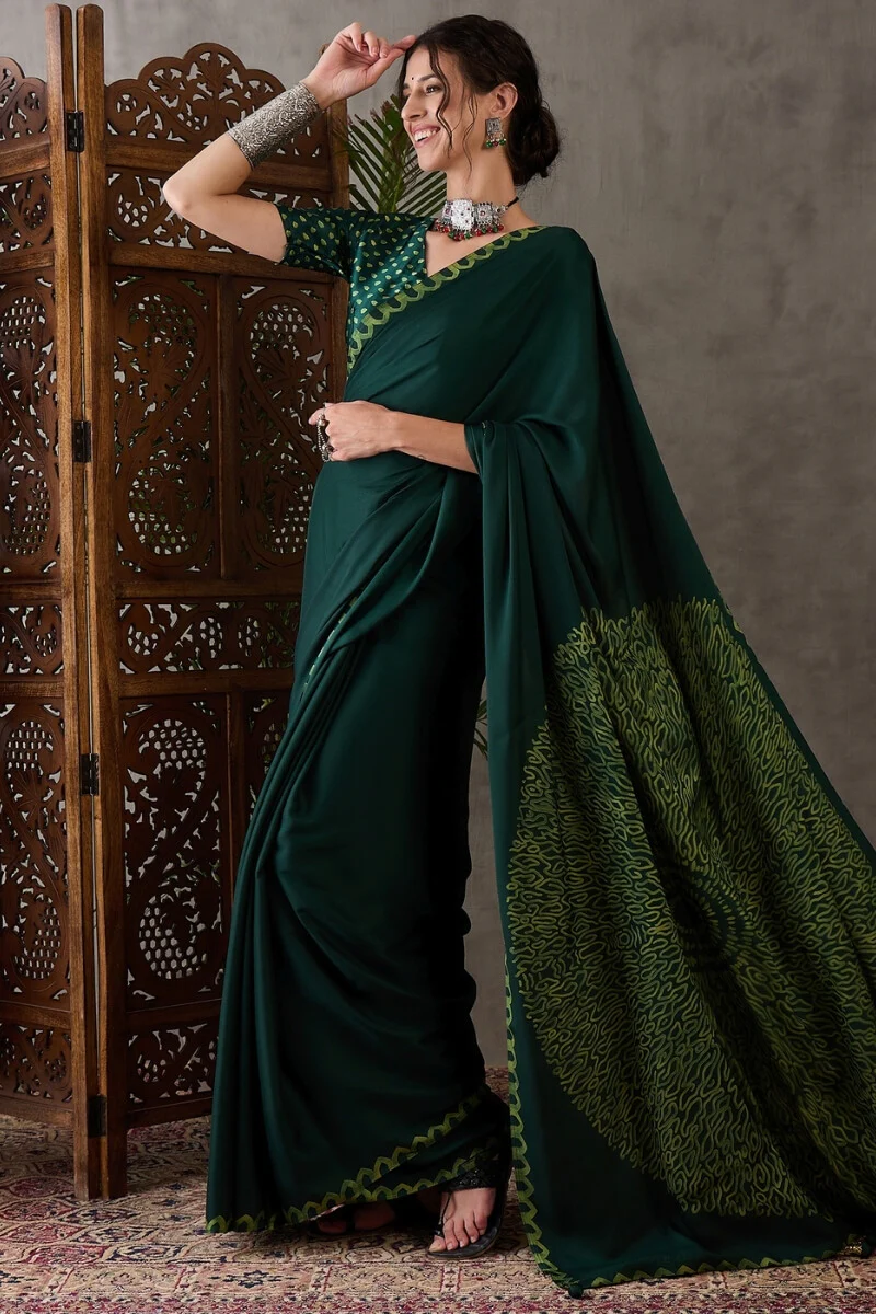 Majesty Dark Green Ajrakh Printed Semi Modal Silk Saree With Outstanding Blouse Piece - Image 3