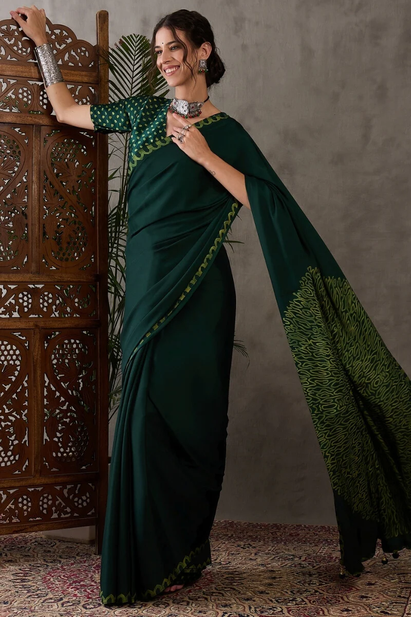 Majesty Dark Green Ajrakh Printed Semi Modal Silk Saree With Outstanding Blouse Piece - Image 5