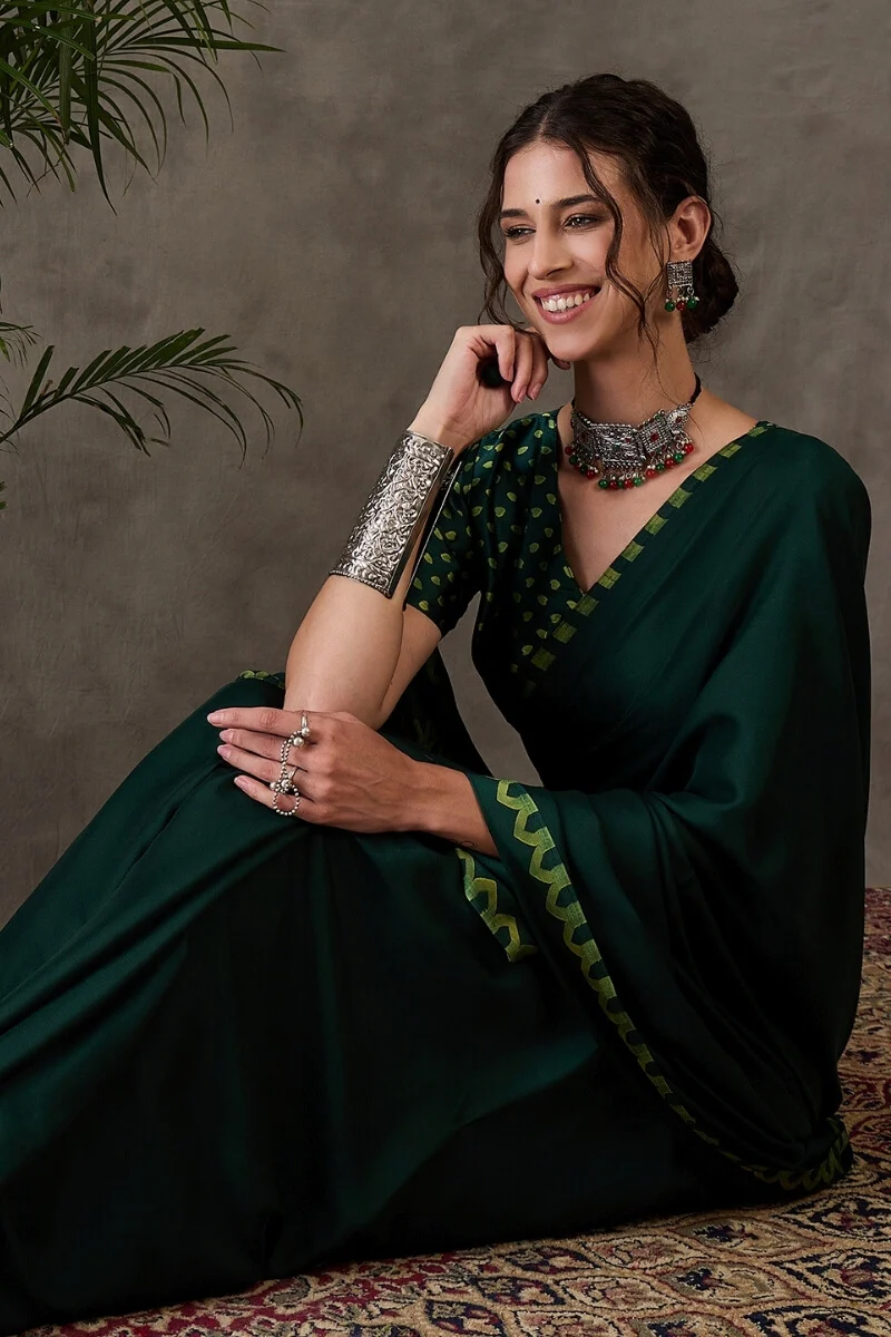 Majesty Dark Green Ajrakh Printed Semi Modal Silk Saree With Outstanding Blouse Piece - Image 6