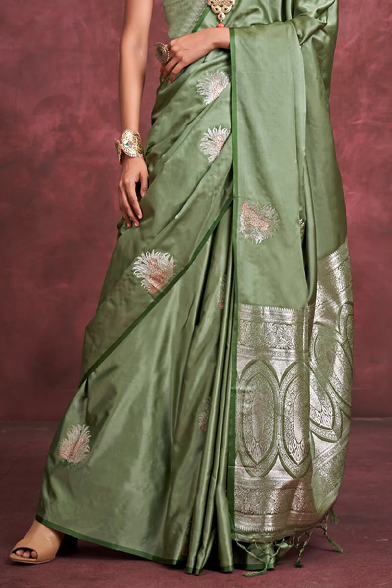 Majesty Green Banarasi Satin Silk Saree With Marvellous Blouse - Image 3