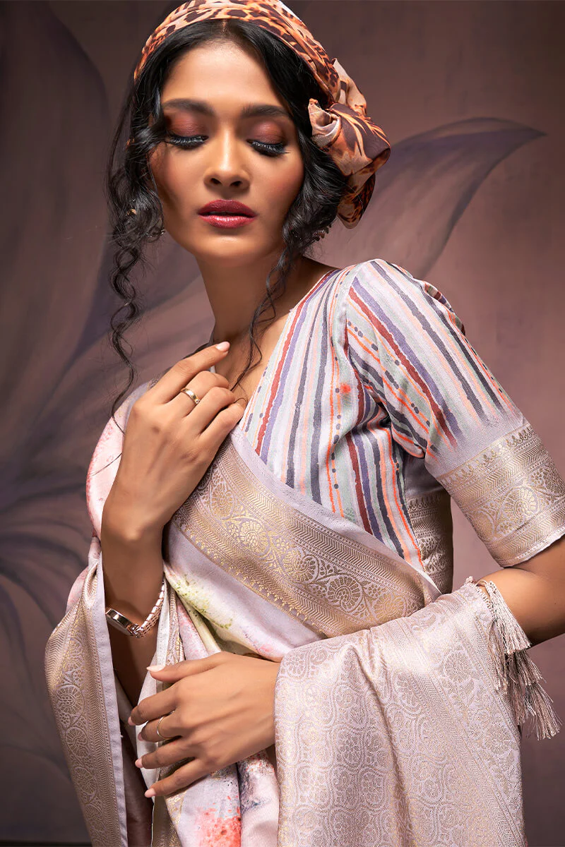 Majesty Grey Digital Printed Soft Silk Saree With Fancifull Blouse Piece - Image 2