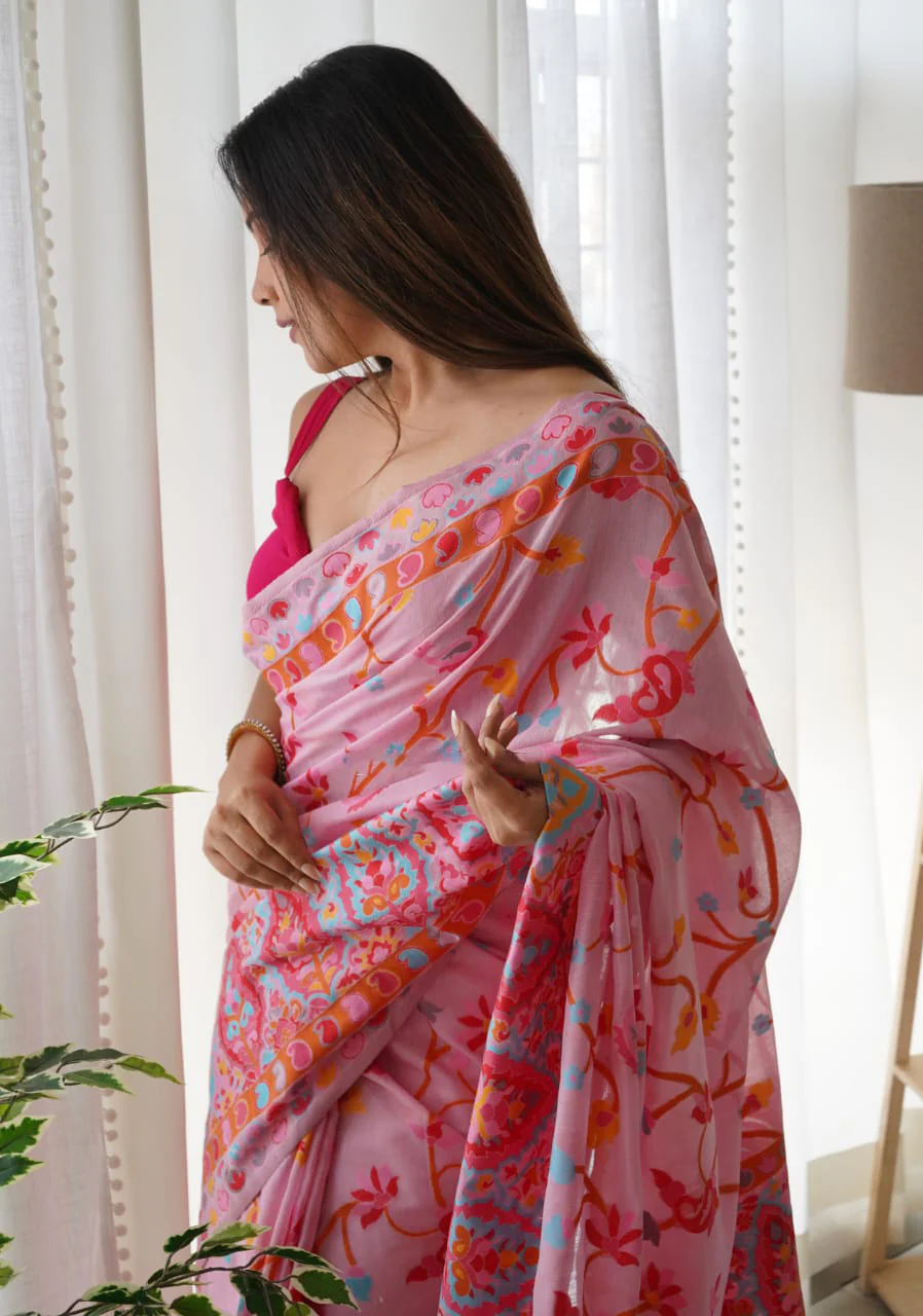 Majesty Pink Pashmina saree With Fancifull Blouse Piece - Image 3