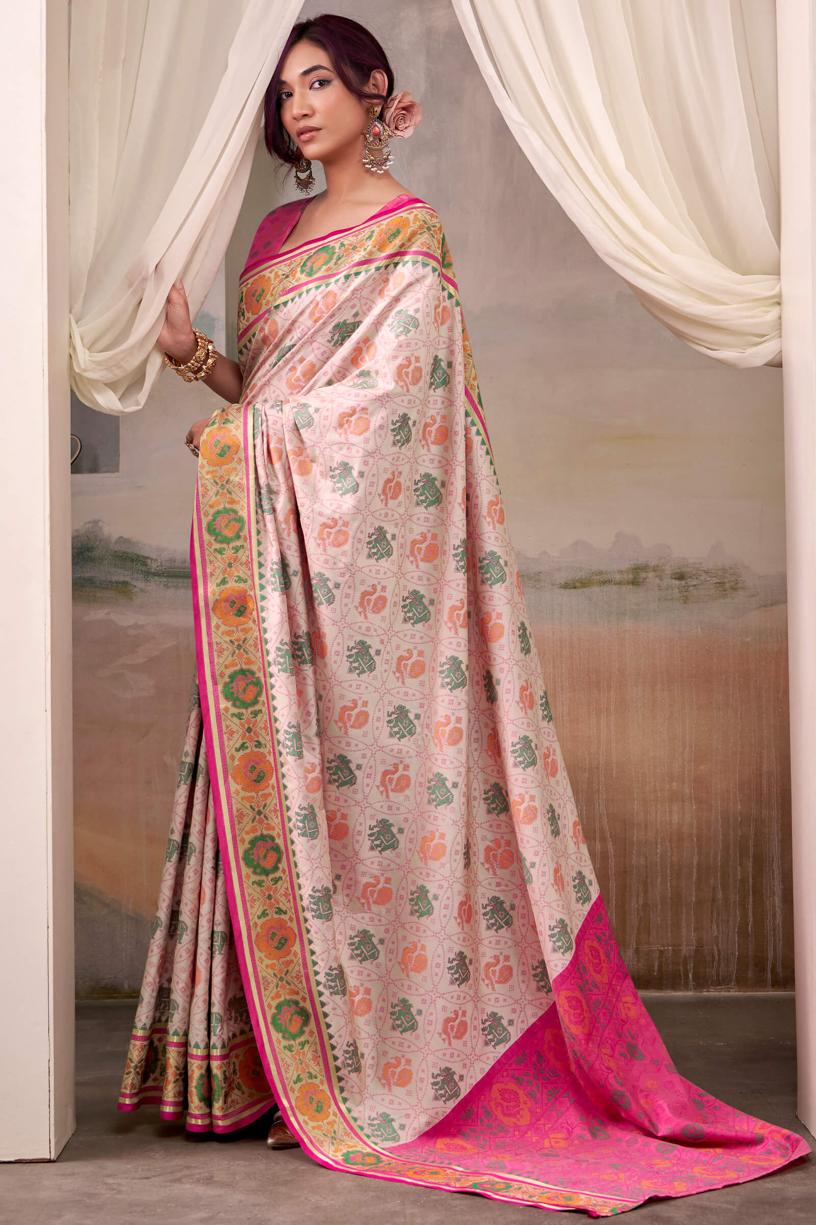Marvellous Beige Patola Silk Saree With Tremendous Blouse Piece - Image 3