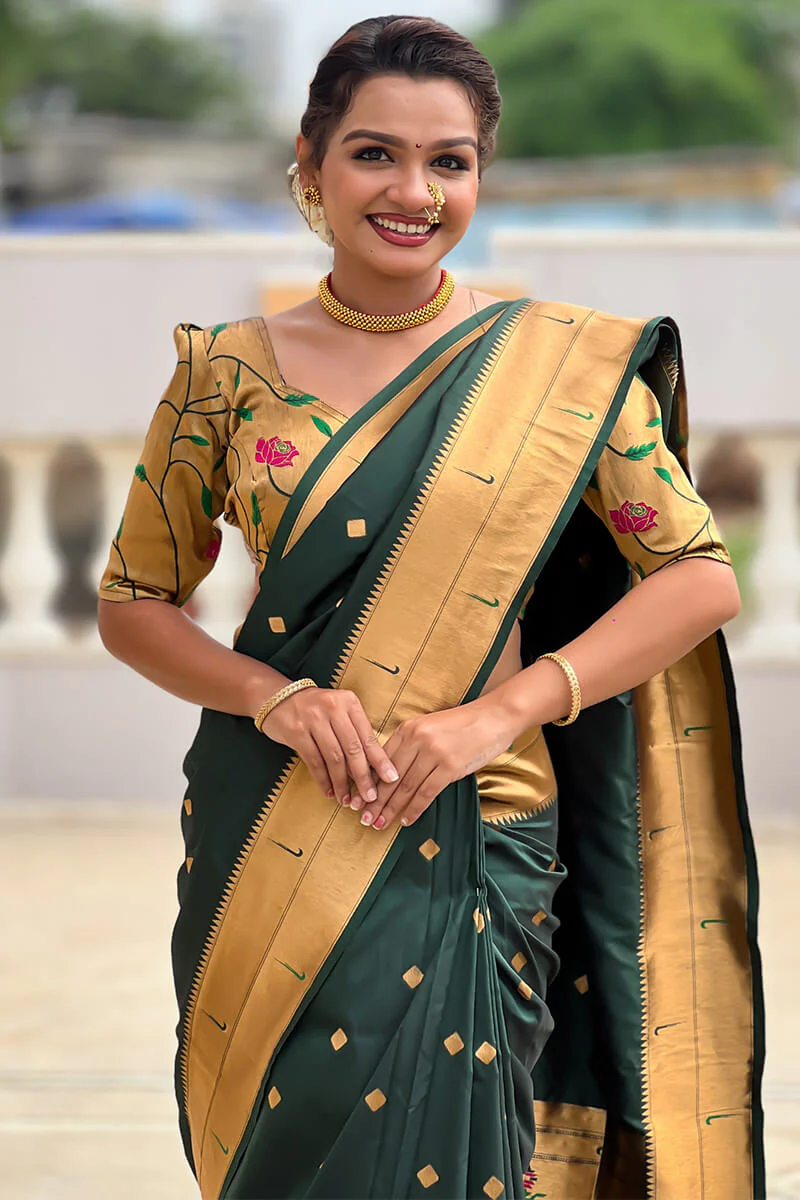 Marvellous Dark Green Paithani Silk Saree With Exuberant Blouse Piece - Image 2