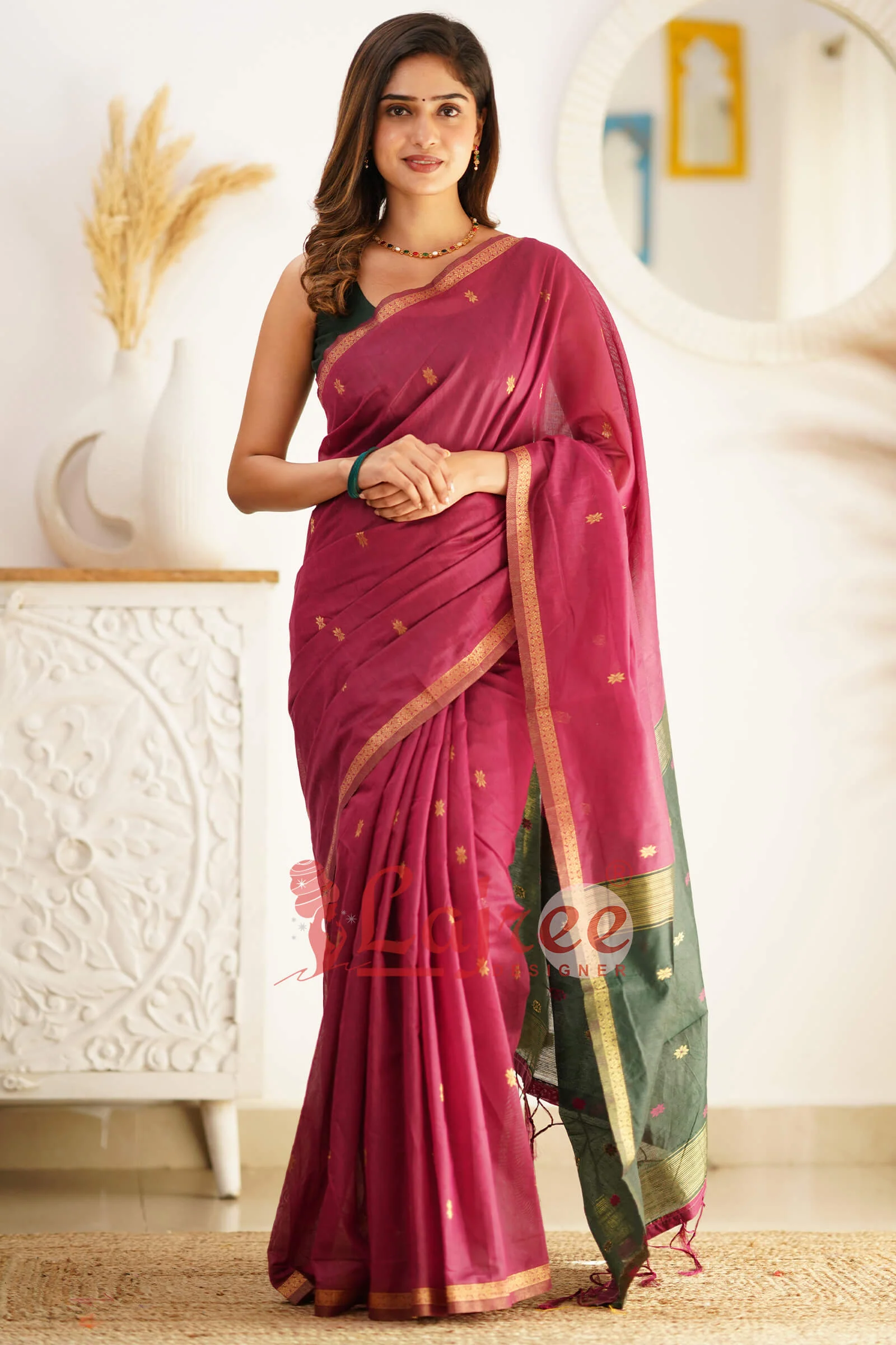Marvellous Dark Pink Cotton Silk Saree With Outstanding Blouse Piece