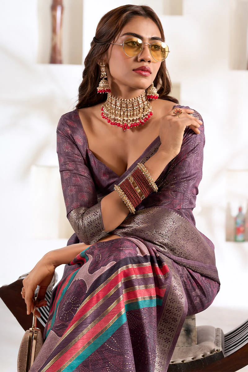 Marvellous Lavender Digital Printed Dola Silk Saree With Ravishing Blouse Piece - Image 2