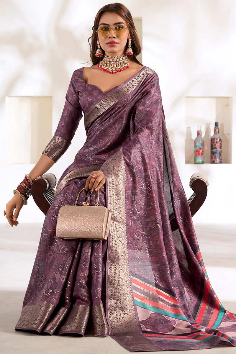 Marvellous Lavender Digital Printed Dola Silk Saree With Ravishing Blouse Piece - Image 3