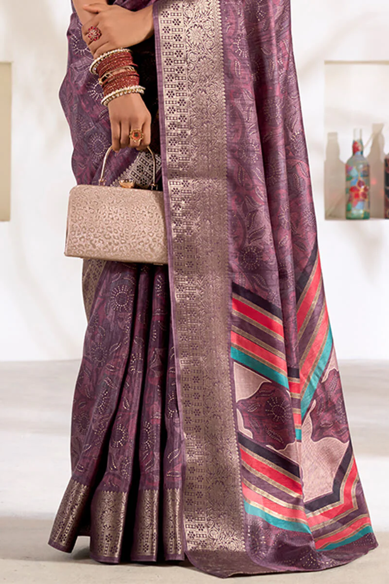 Marvellous Lavender Digital Printed Dola Silk Saree With Ravishing Blouse Piece - Image 5