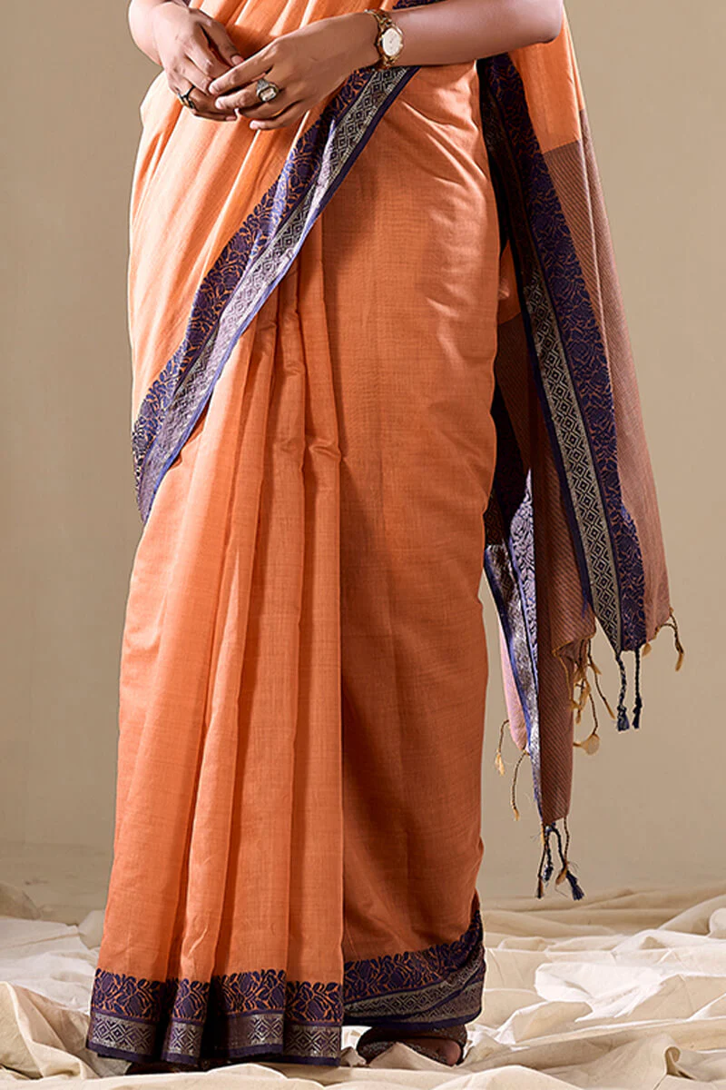 Marvellous Orange Cotton Silk Saree With Amazing Blouse Piece - Image 5