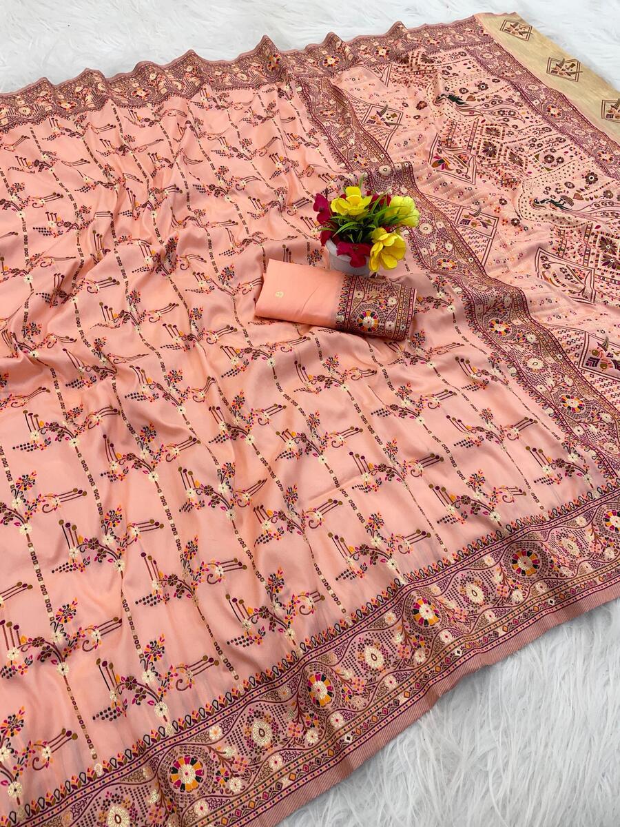 Marvellous Peach Nylon Dola Pashmina Saree With Quixotic Blouse Piece - Image 2