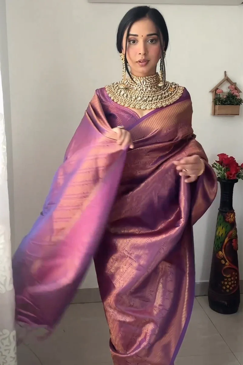 Mellifluous 1-Minute Ready To Wear Purple Kanjivaram Silk Saree - Image 3