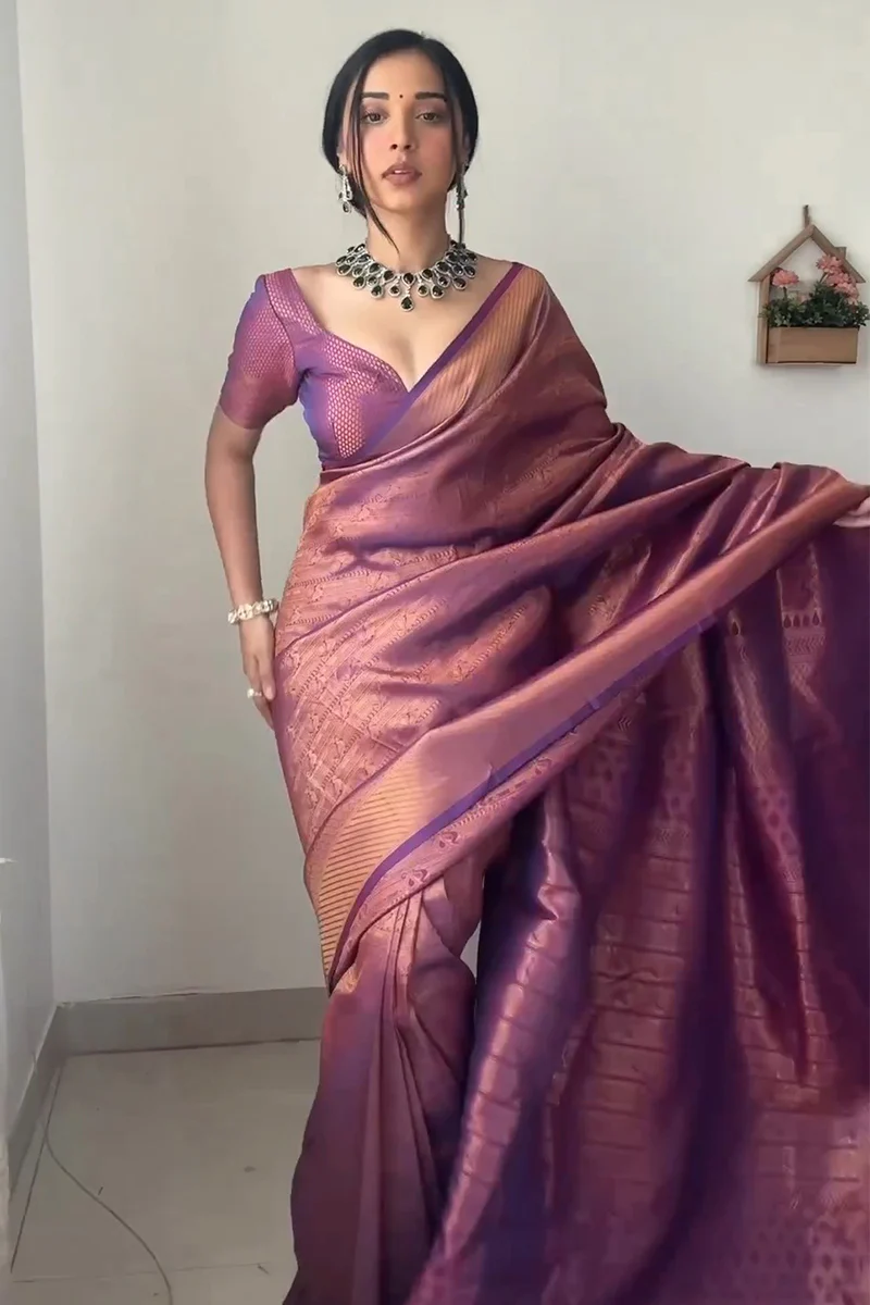 Mellifluous 1-Minute Ready To Wear Purple Kanjivaram Silk Saree - Image 4
