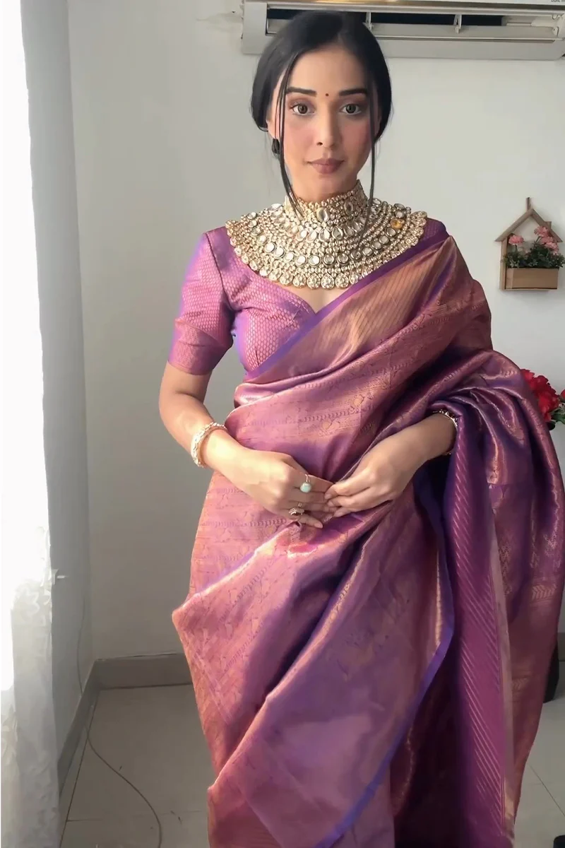 Mellifluous 1-Minute Ready To Wear Purple Kanjivaram Silk Saree - Image 5