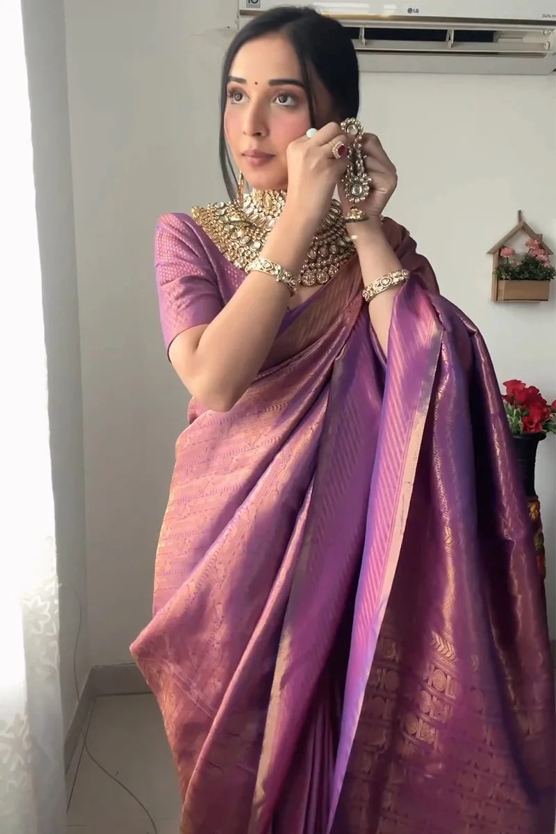 Mellifluous 1-Minute Ready To Wear Purple Kanjivaram Silk Saree - Image 6