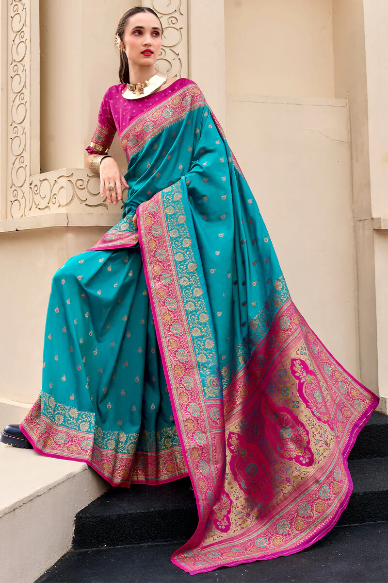Mellifluous Firozi Soft Banarasi Silk Saree With Glittering Blouse Piece - Image 3