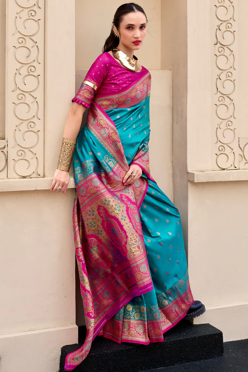 Mellifluous Firozi Soft Banarasi Silk Saree With Glittering Blouse Piece - Image 4