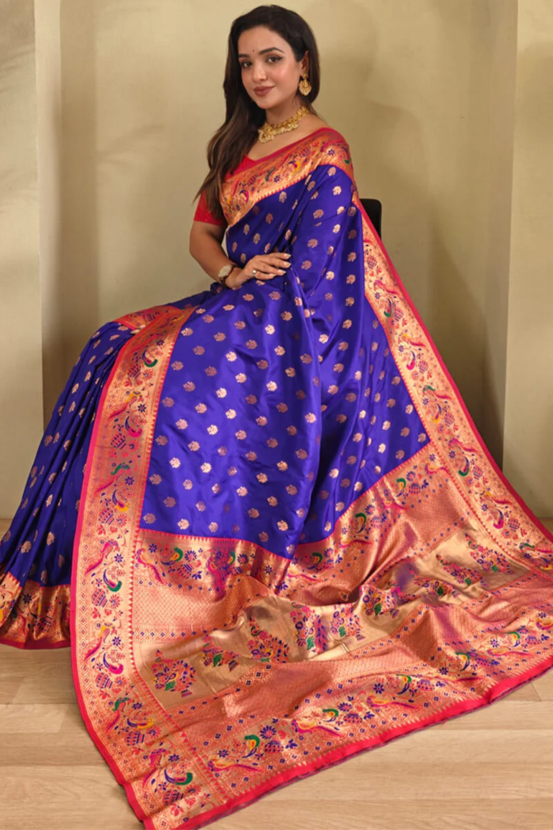 Mellifluous Royal Blue Paithani Silk Saree With Wonderful Blouse Piece - Image 2