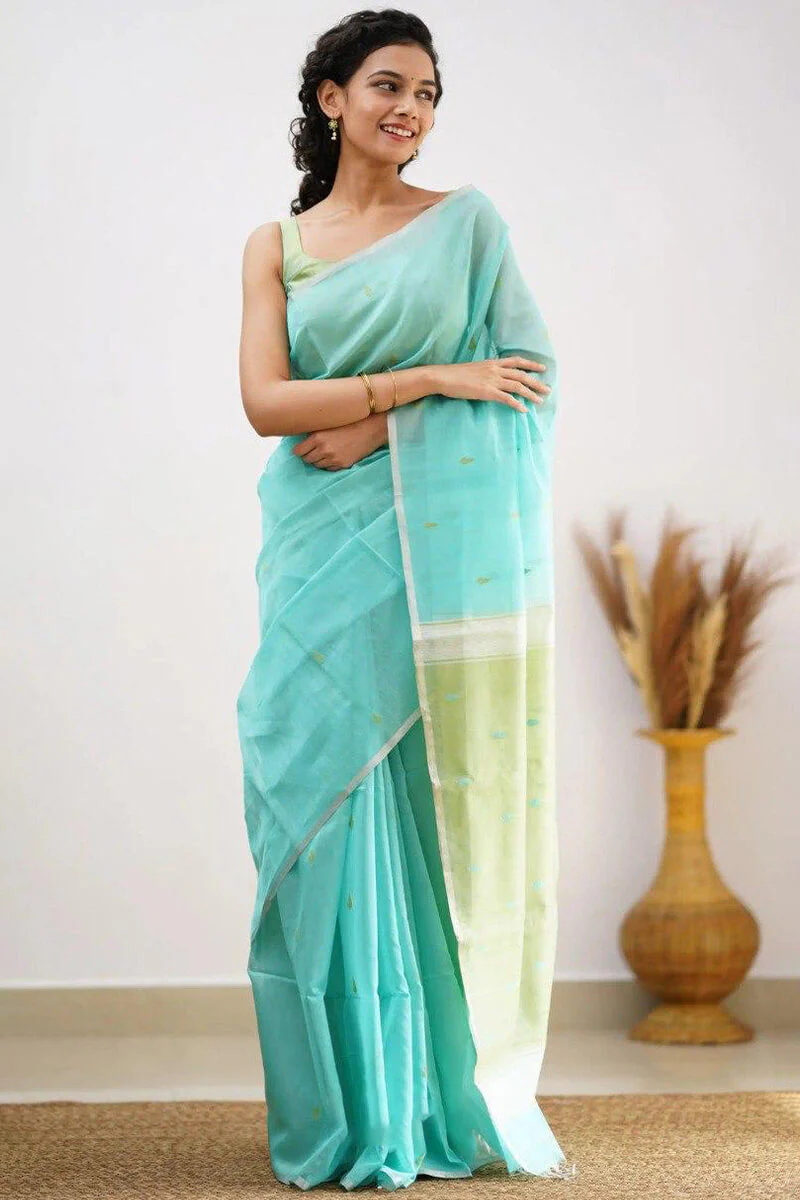 Mellifluous Sea Green Cotton Silk Saree With Staggering Blouse Piece - Image 3