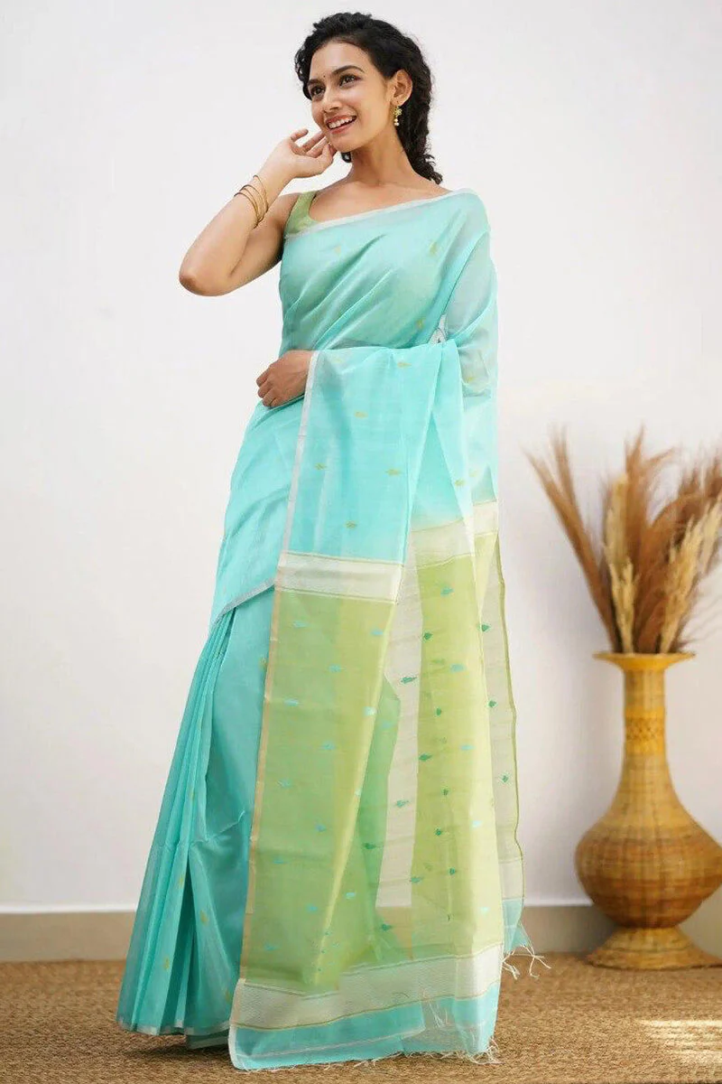 Mellifluous Sea Green Cotton Silk Saree With Staggering Blouse Piece - Image 4