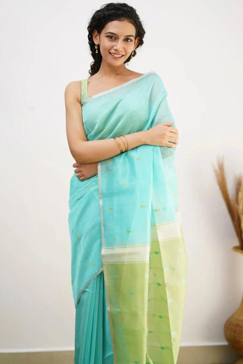 Mellifluous Sea Green Cotton Silk Saree With Staggering Blouse Piece - Image 6