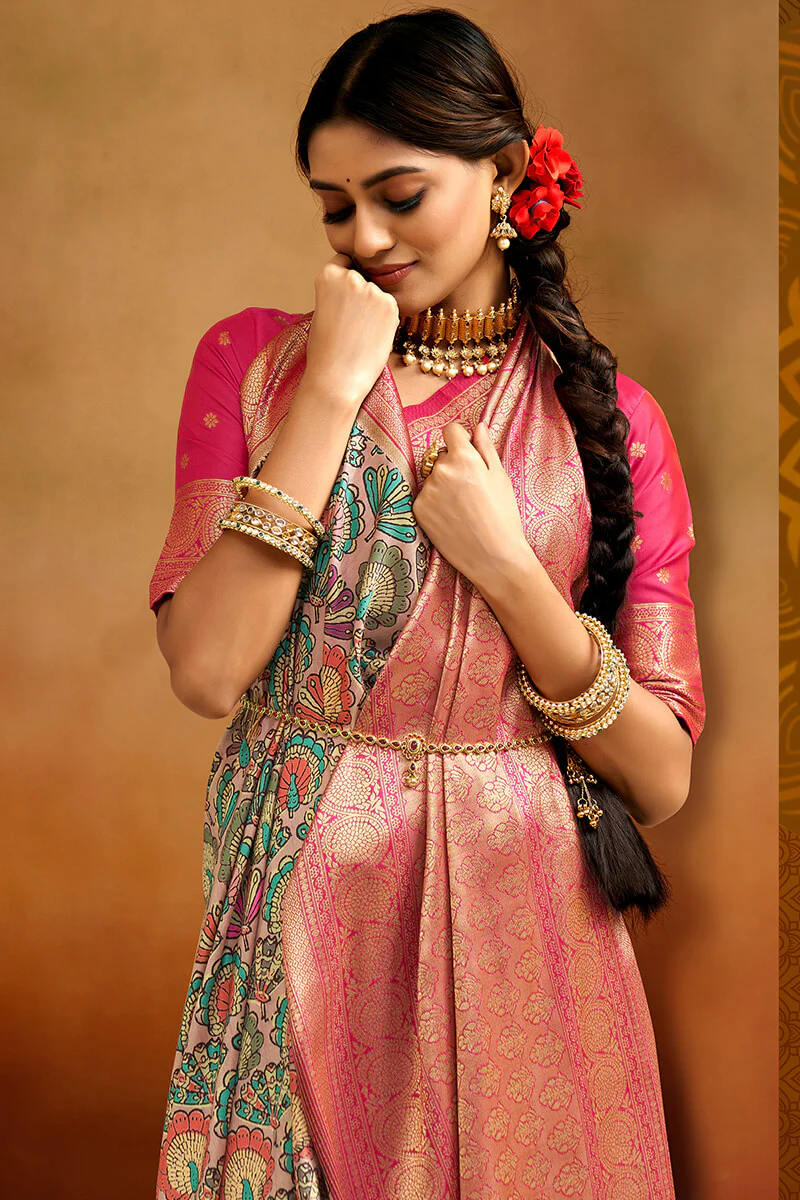Mesmeric Beige Kalamkari Printed Saree With Vivacious Blouse Piece - Image 2