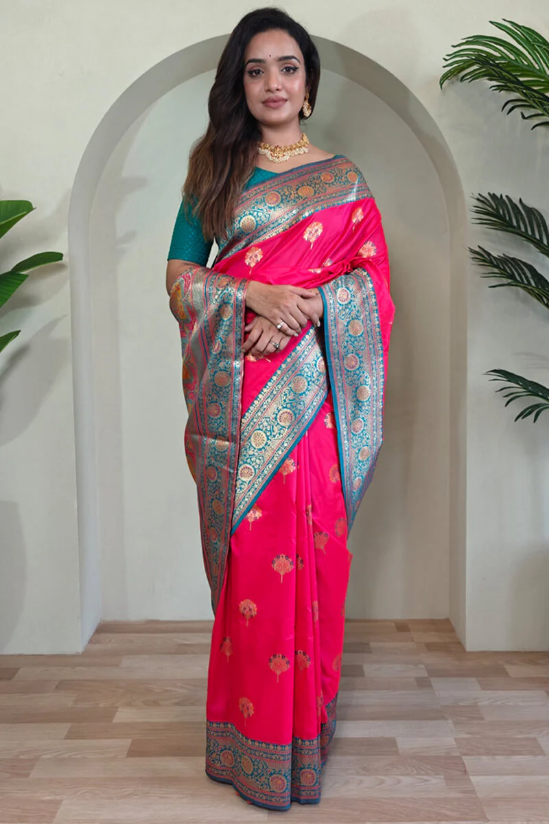 Mesmeric Dark Pink Soft Banarasi Silk Saree With Twirling Blouse Piece - Image 4