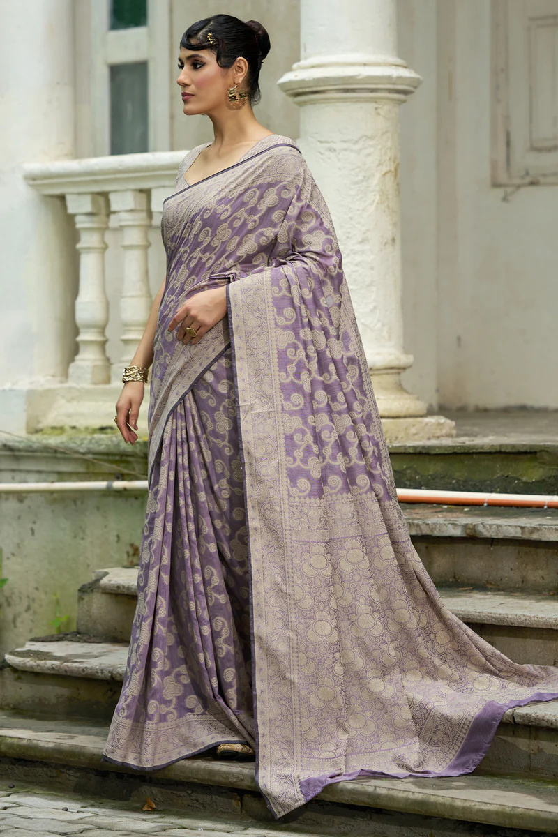 Mesmeric Lavender Lucknowi Silk Saree With Energetic Blouse Piece - Image 3