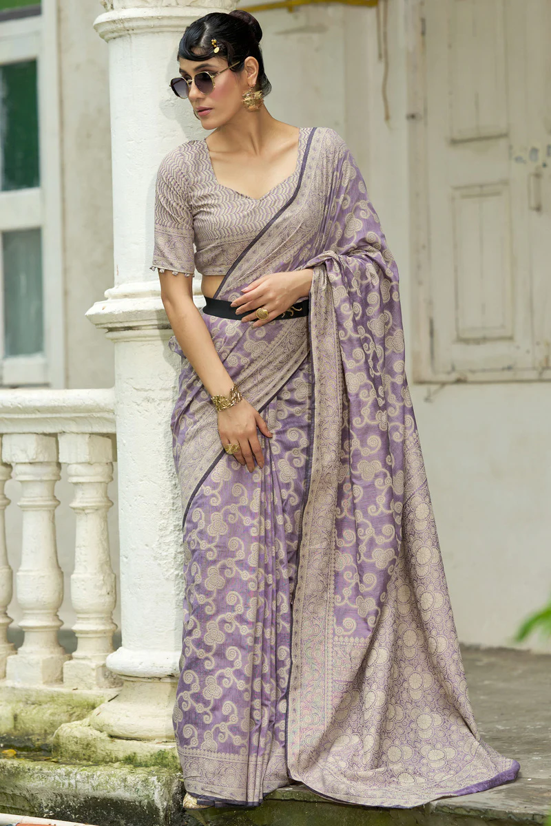 Mesmeric Lavender Lucknowi Silk Saree With Energetic Blouse Piece - Image 5