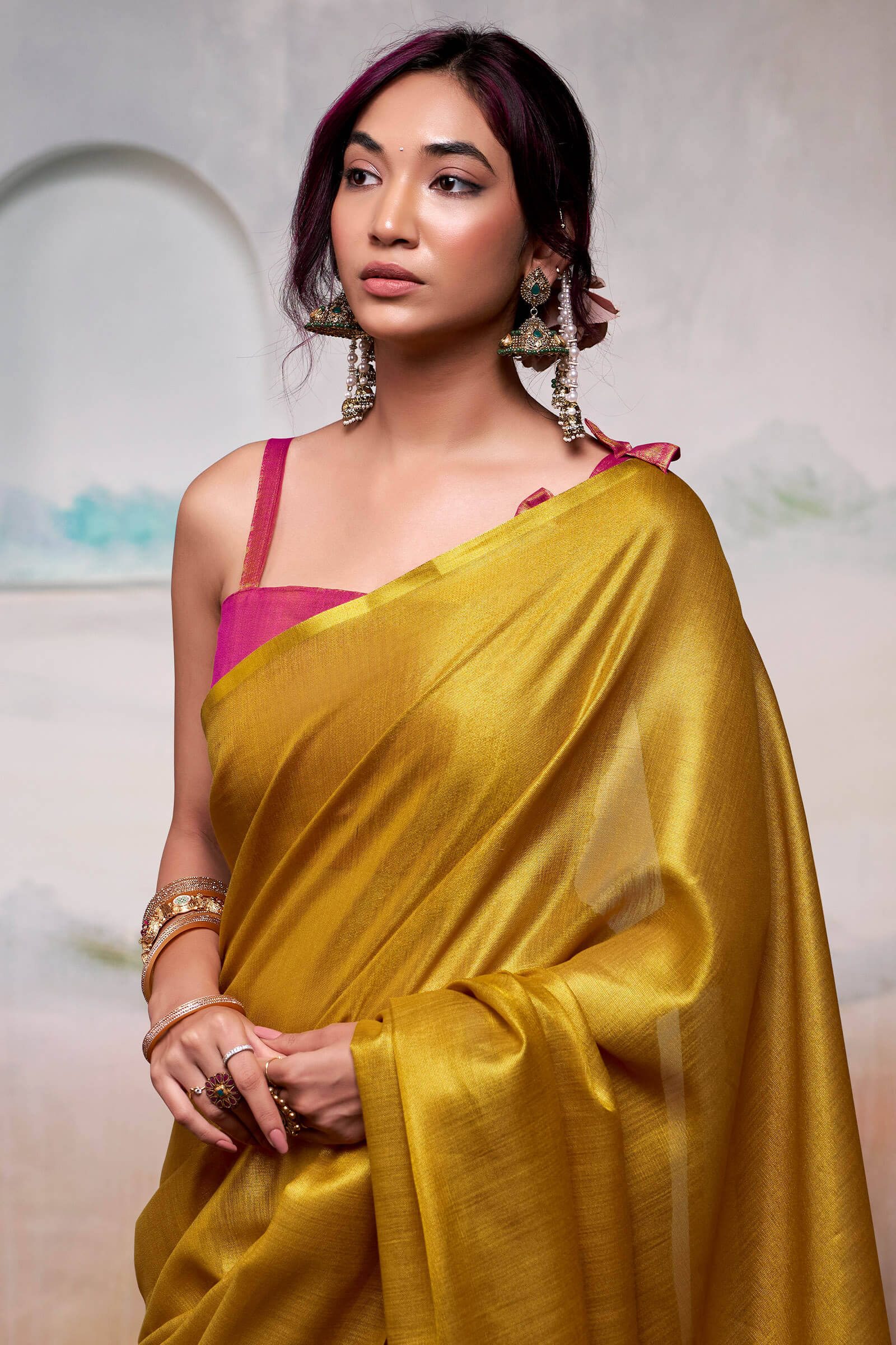 Mesmeric Mustard Soft Banarasi Tissue Silk Saree With Ephemeral Blouse Piece - Image 2