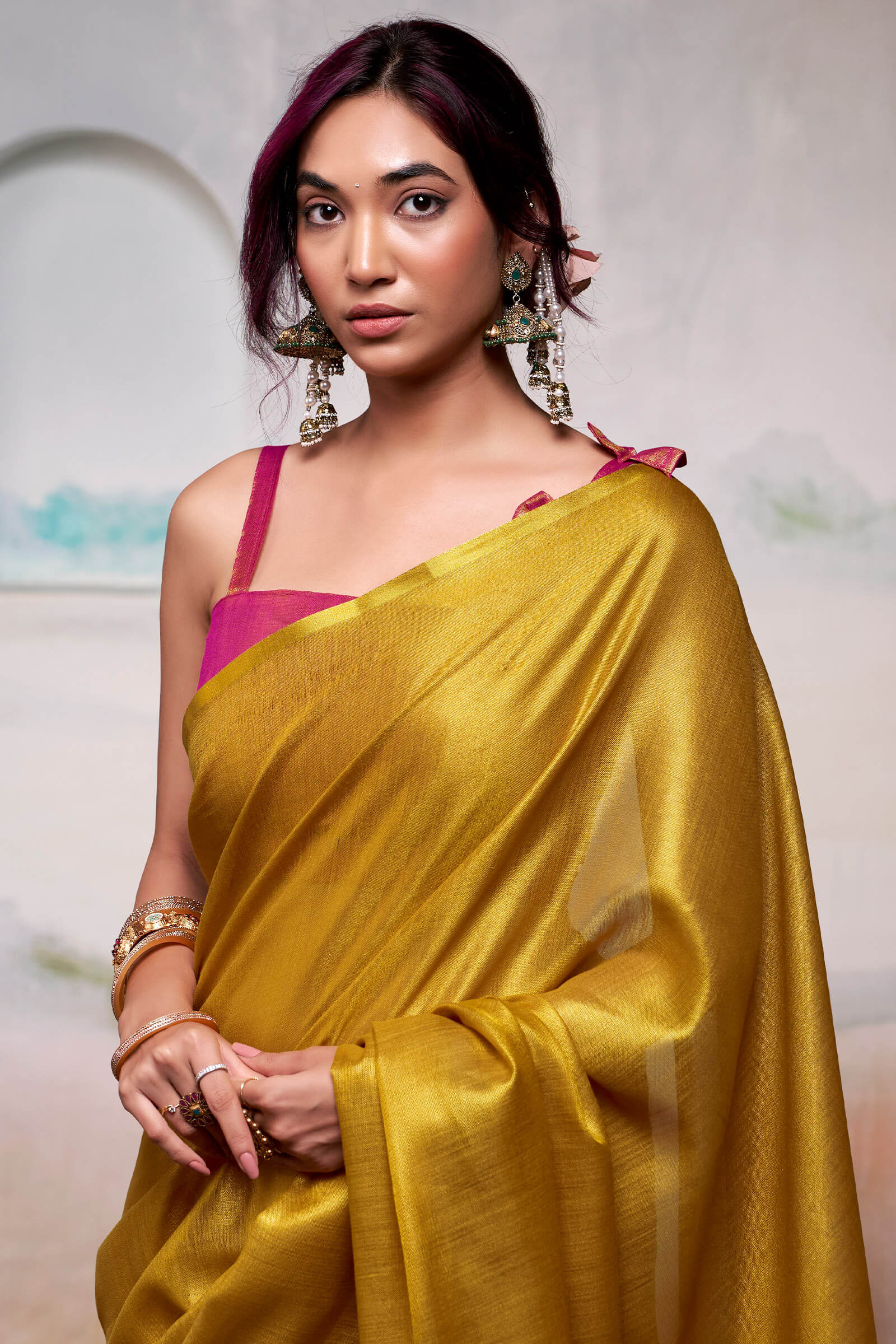 Mesmeric Mustard Soft Banarasi Tissue Silk Saree With Ephemeral Blouse Piece - Image 4