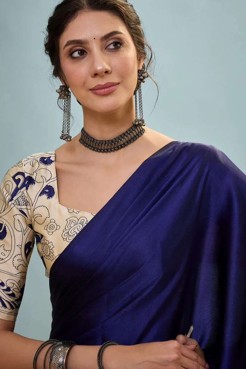 Mesmeric Navy Blue Ajrakh Printed Semi Modal Silk Saree With Bewitching Blouse Piece - Image 4