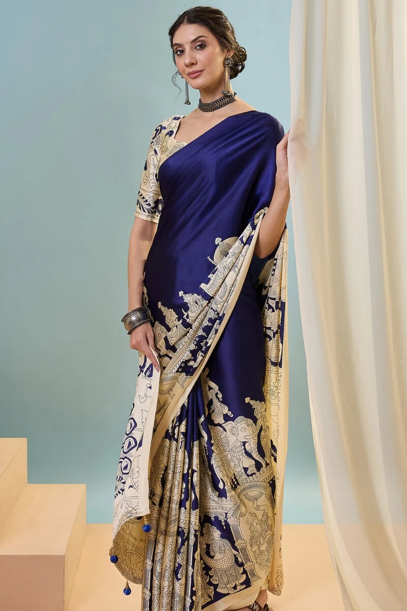 Mesmeric Navy Blue Ajrakh Printed Semi Modal Silk Saree With Bewitching Blouse Piece - Image 5