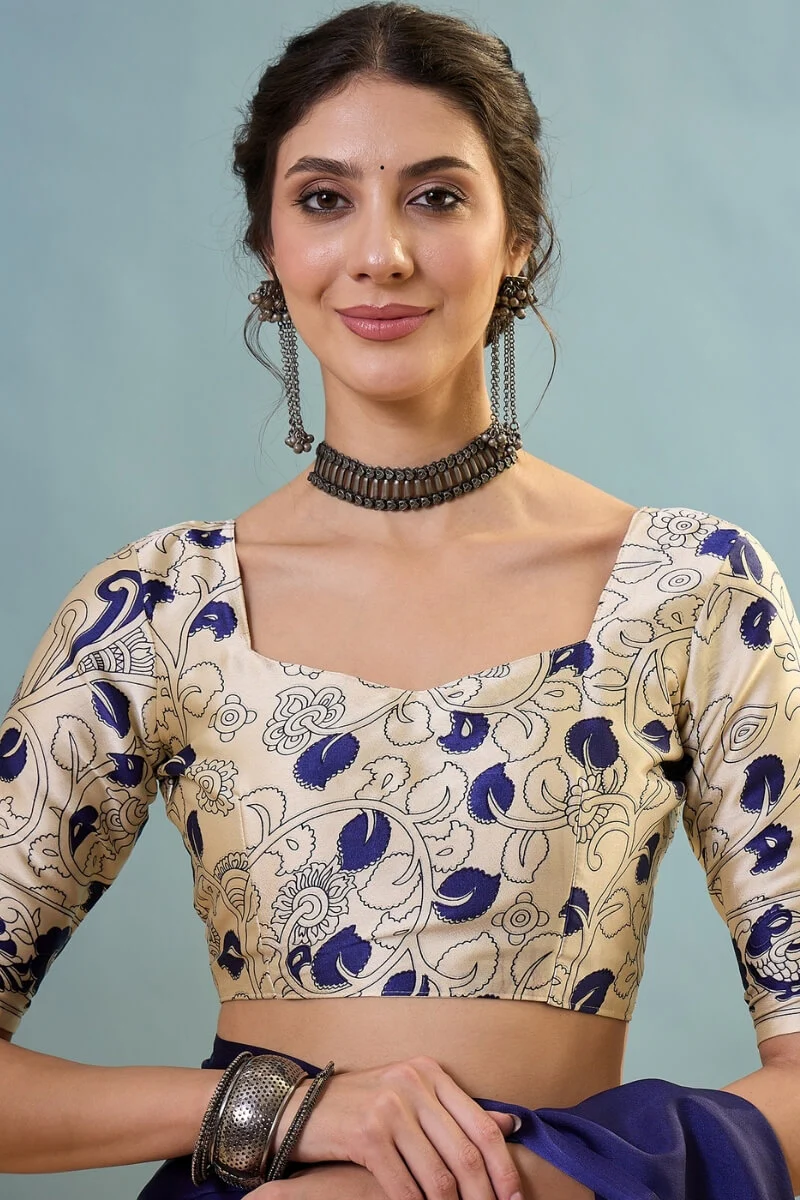 Mesmeric Navy Blue Ajrakh Printed Semi Modal Silk Saree With Bewitching Blouse Piece - Image 6