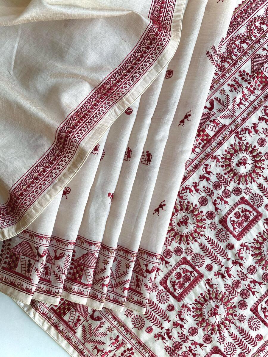 Mesmeric Off White Embroidery Work Tussar Silk Saree With Classic Blouse Piece - Image 3