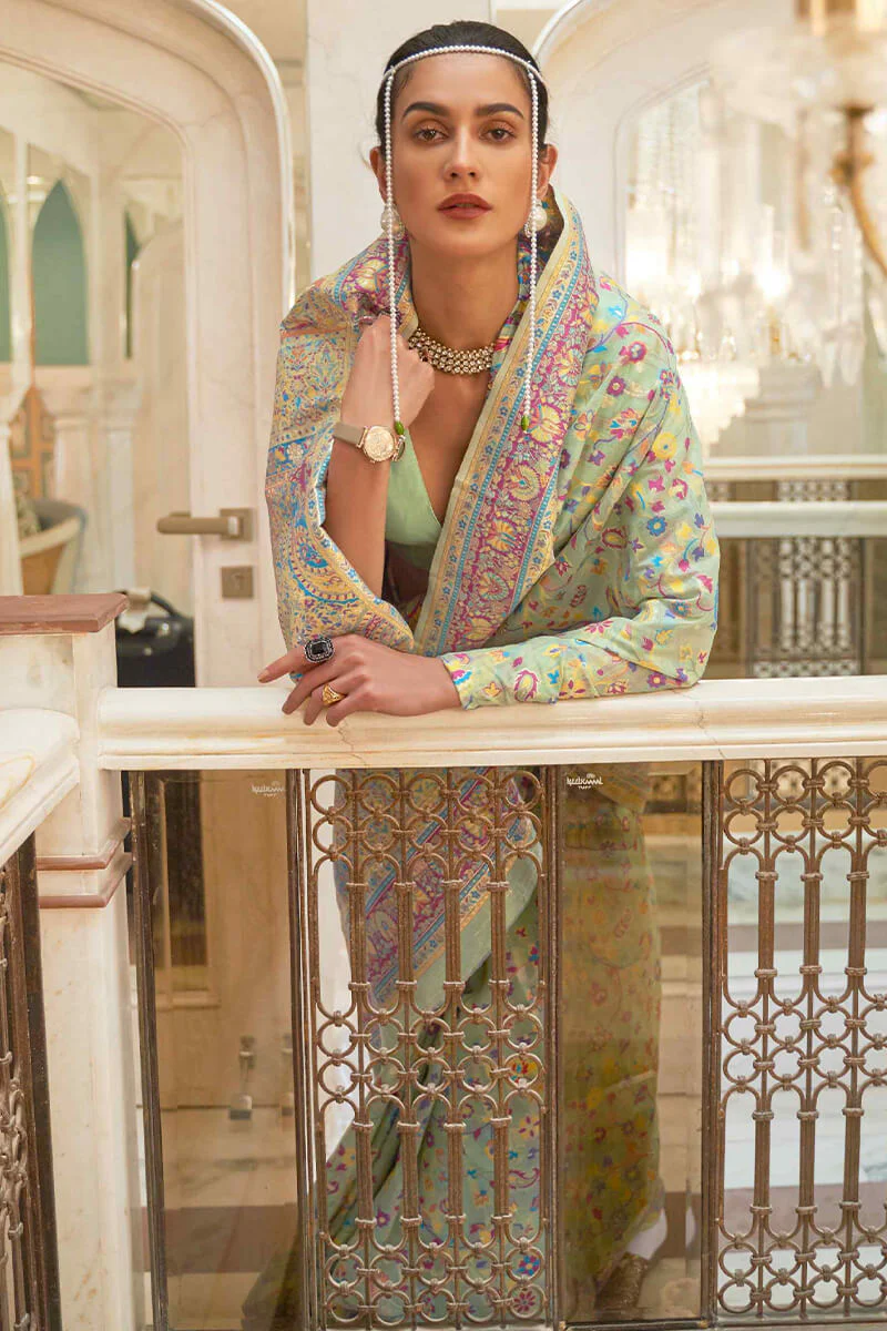 Mesmeric Pista Pashmina saree With Hypnotic Blouse Piece - Image 2