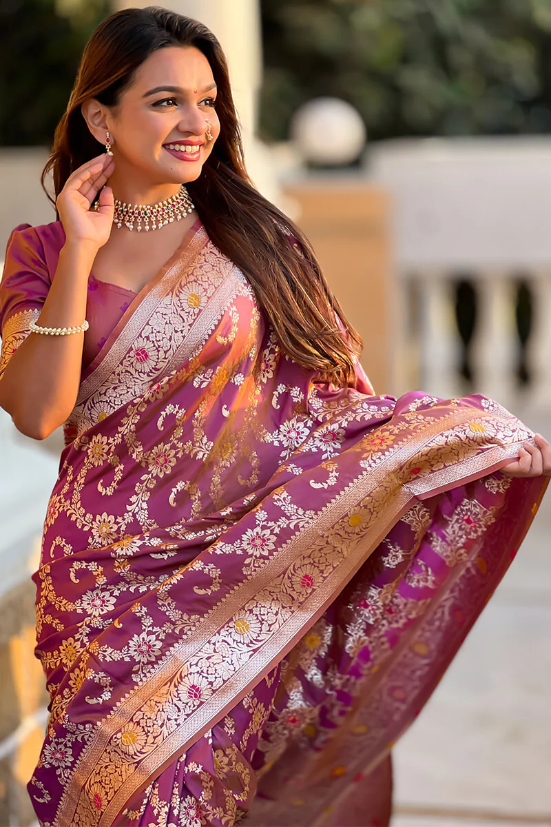 Mesmeric Purple Soft Banarasi Silk Saree With Ideal Blouse Piece - Image 2