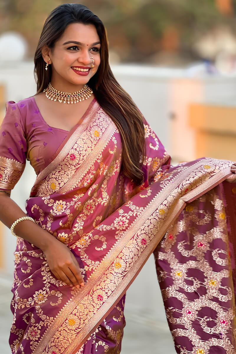 Mesmeric Purple Soft Banarasi Silk Saree With Ideal Blouse Piece - Image 3