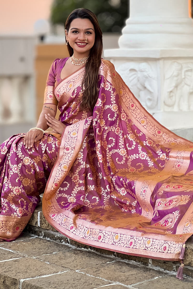Mesmeric Purple Soft Banarasi Silk Saree With Ideal Blouse Piece - Image 5