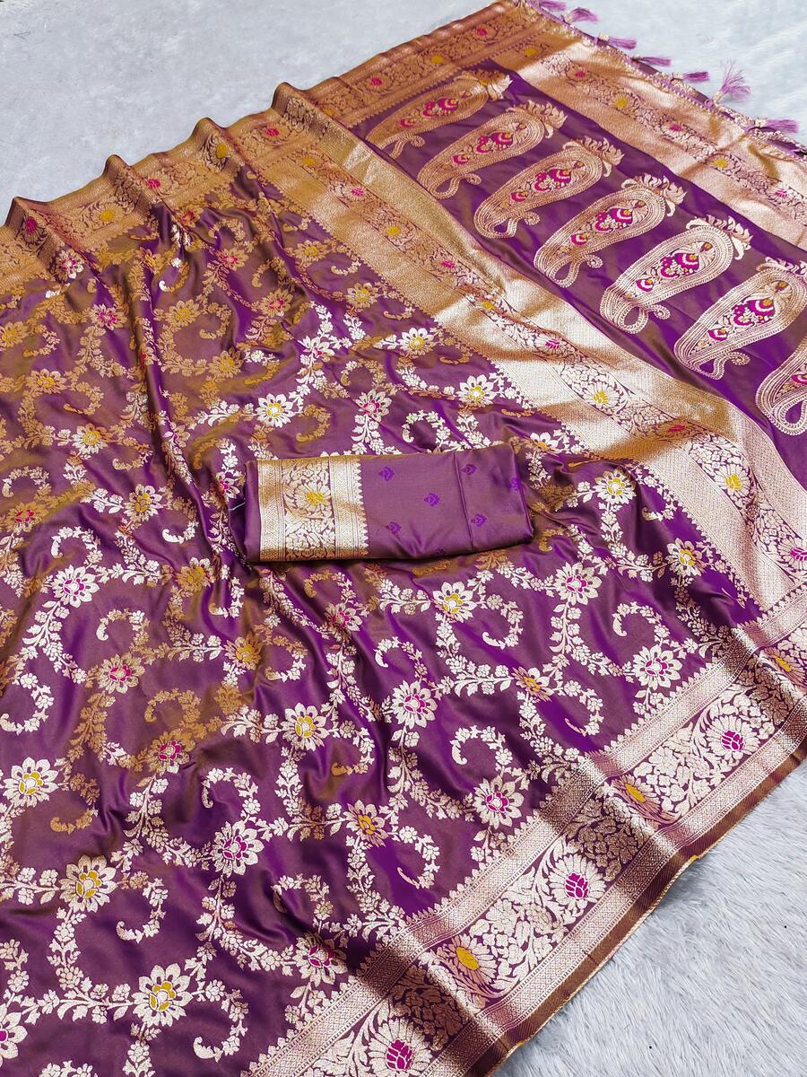 Mesmeric Purple Soft Banarasi Silk Saree With Ideal Blouse Piece - Image 7