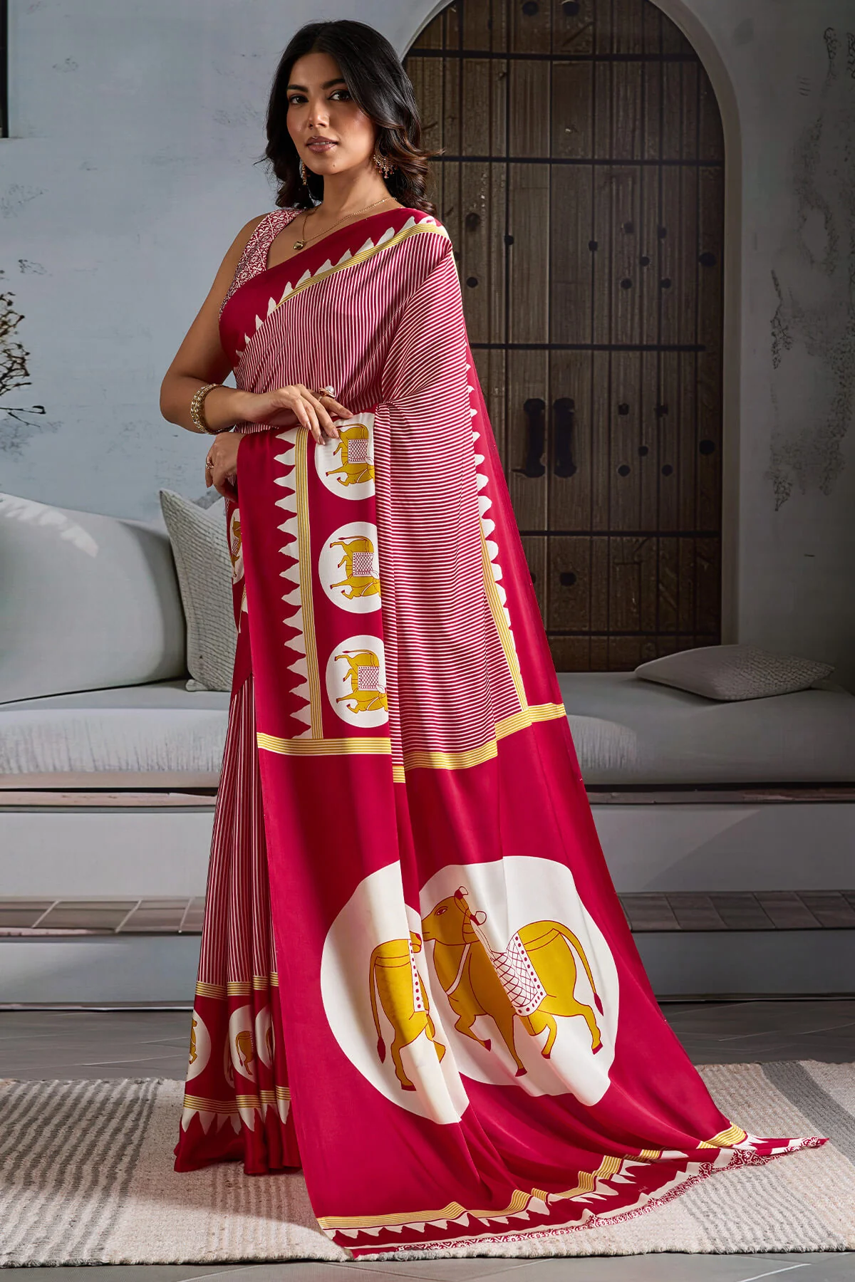 Mesmeric Red Ajrakh Printed Satin Silk Saree With Magnetic Blouse Piece - Image 3