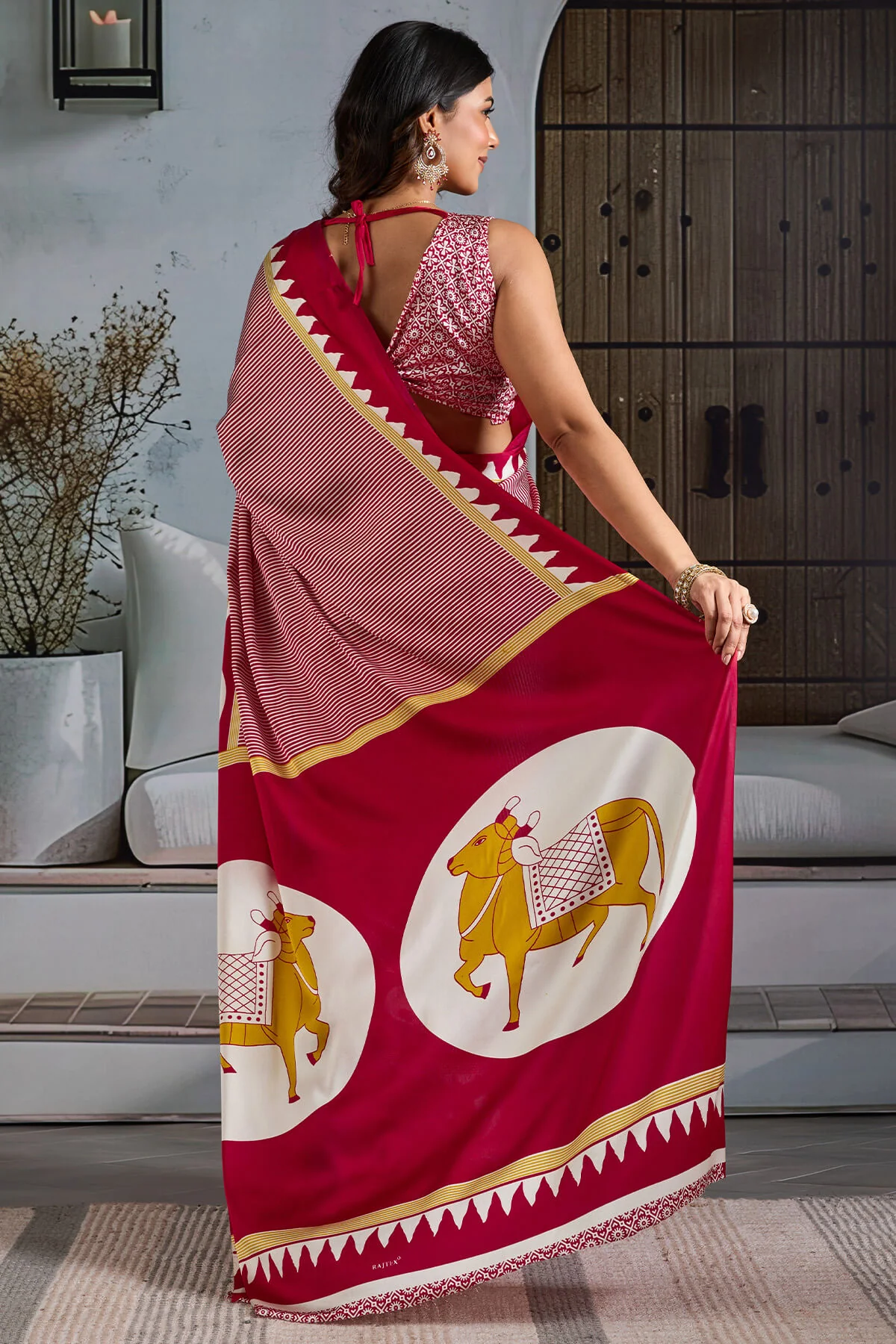 Mesmeric Red Ajrakh Printed Satin Silk Saree With Magnetic Blouse Piece - Image 6