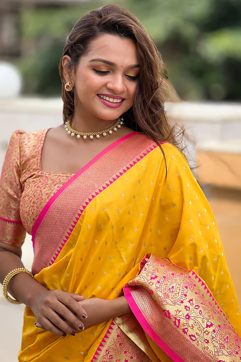 Mesmeric Yellow Soft Banarasi Silk Saree With Twirling Blouse Piece - Image 3