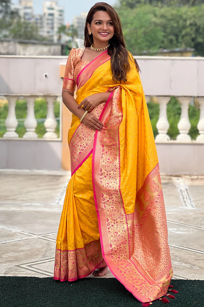 Mesmeric Yellow Soft Banarasi Silk Saree With Twirling Blouse Piece - Image 5