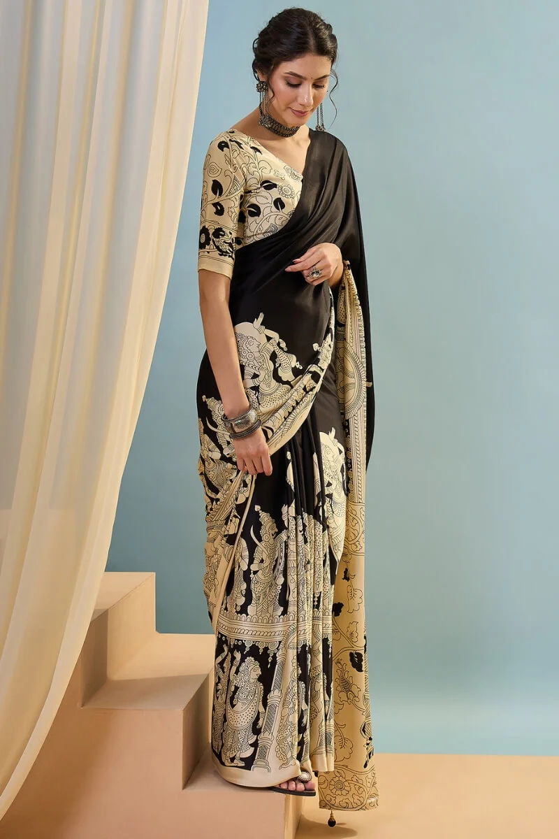 Mesmerising Black Ajrakh Printed Semi Modal Silk Saree With Unequalled Blouse Piece - Image 3
