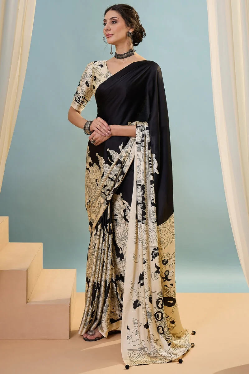 Mesmerising Black Ajrakh Printed Semi Modal Silk Saree With Unequalled Blouse Piece - Image 5