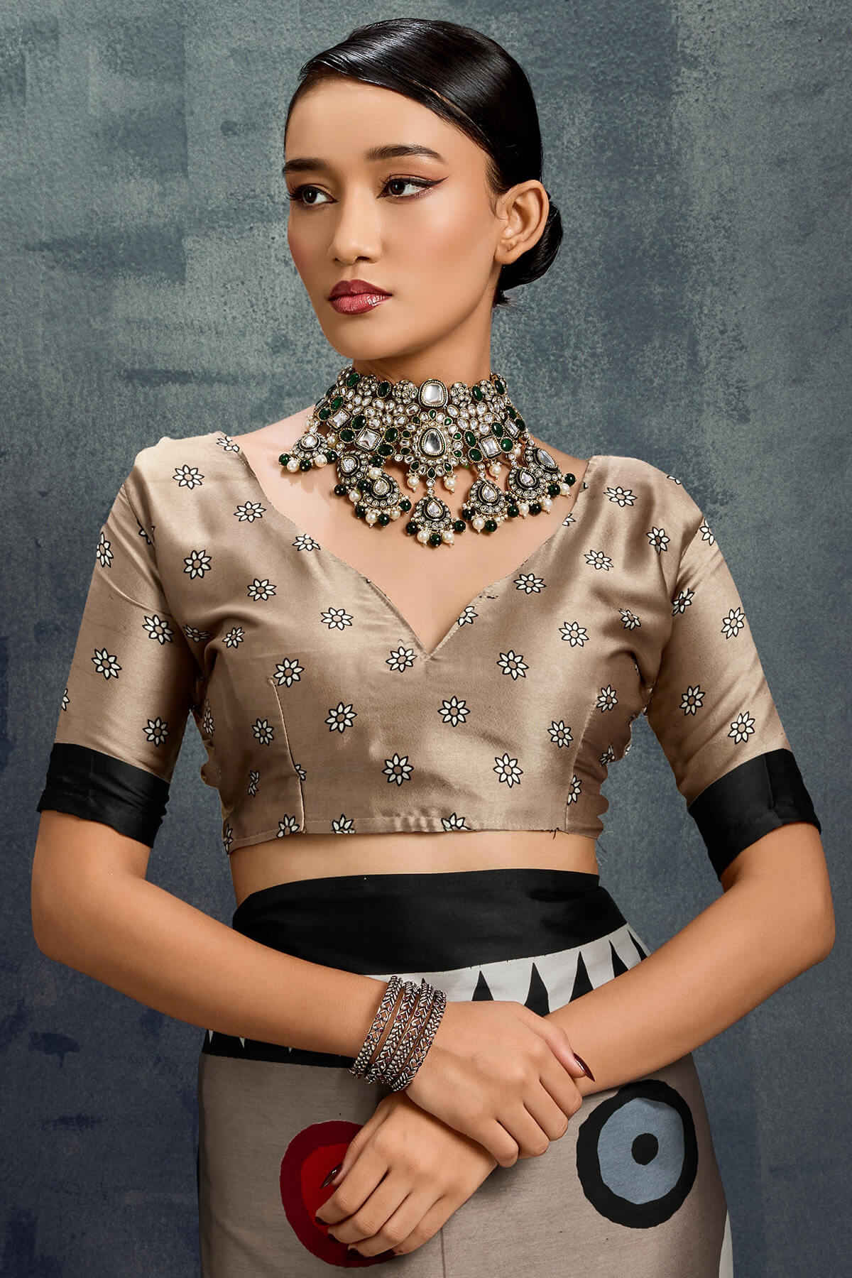 Mesmerising Brown Ajrakh Printed Satin Silk Saree With Ephemeral Blouse Piece - Image 4