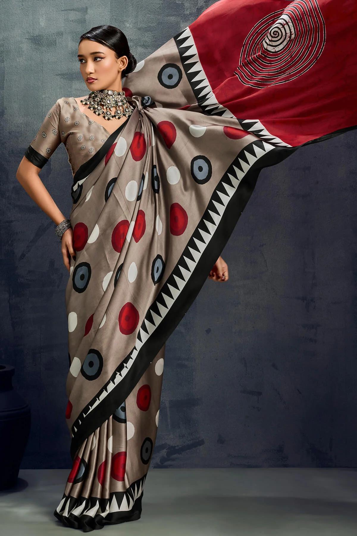 Mesmerising Brown Ajrakh Printed Satin Silk Saree With Ephemeral Blouse Piece - Image 5