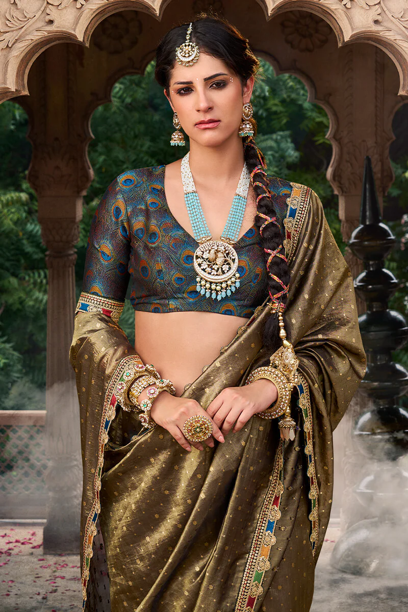Mesmerising Brown Pure Tissue Banarasi Silk Saree With Deserving Blouse Piece - Image 2