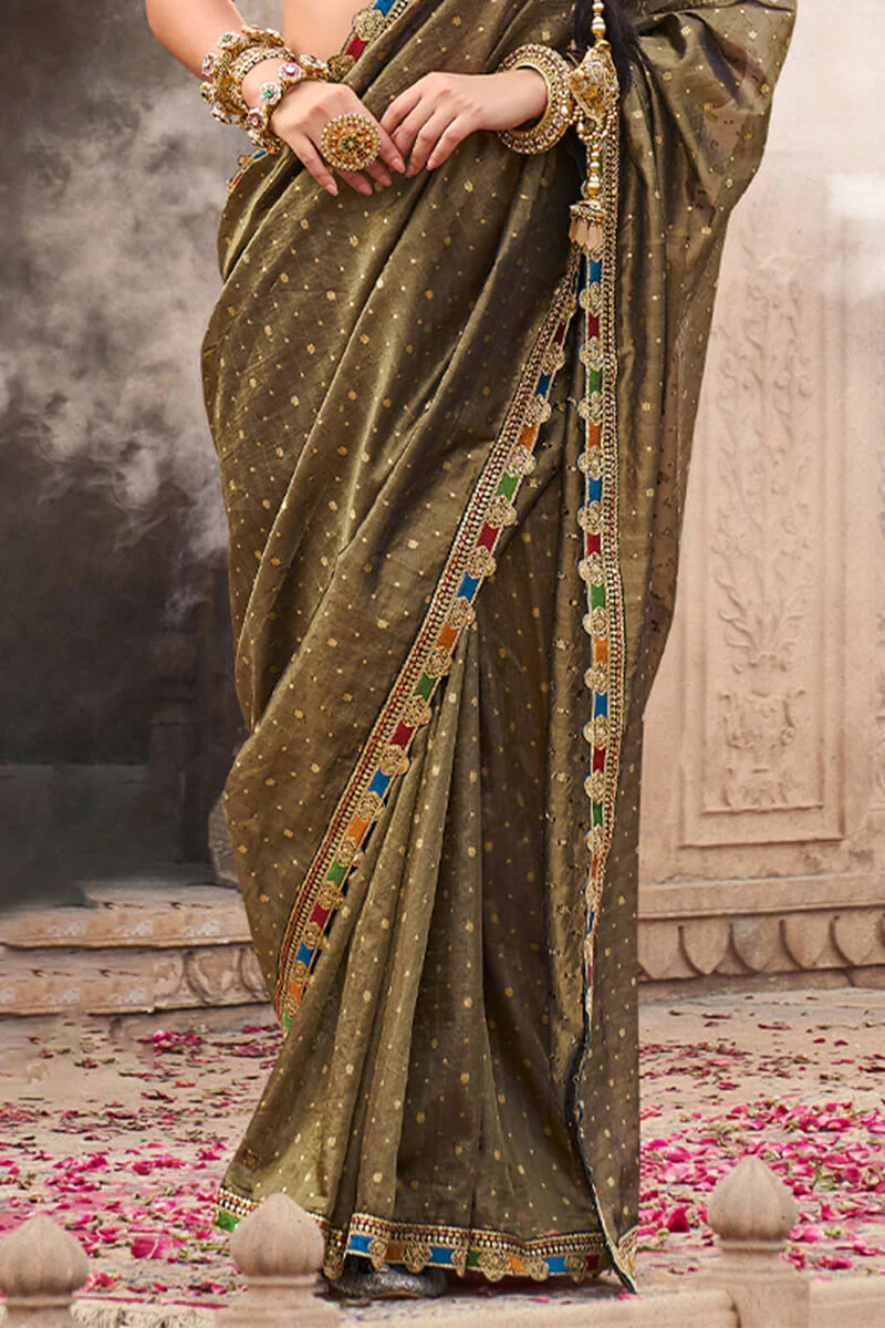 Mesmerising Brown Pure Tissue Banarasi Silk Saree With Deserving Blouse Piece - Image 3