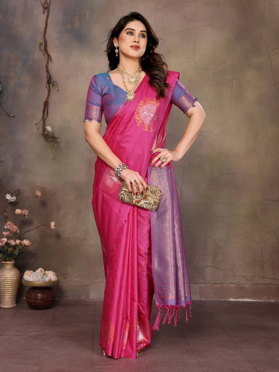 Mesmerising Dark Pink Soft Banarasi Silk Saree With Adorable Blouse Piece - Image 3